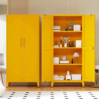 61" Tall Farmhouse Metal Storage Cabinet, Kitchen Pantry Storage Cabinets with 2 Barn Door and 3 Adjustable Shelves, for Home, Office, Kitchen, Laundry Room, Kids Room, Entryway, Yellow