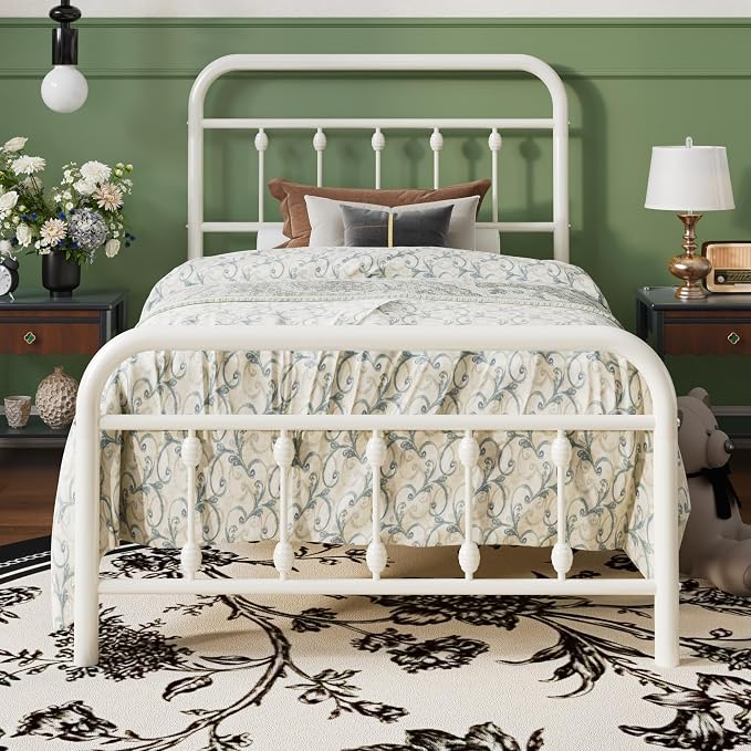 SHA CERLIN Twin Size Metal Platform Bed Frame with Victorian Style Iron-Art Headboard and Footboard, Easy Assembly, Under Bed Storage, No Box Spring Required, Off White