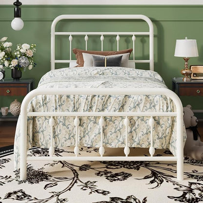 SHA CERLIN Twin Size Metal Platform Bed Frame with Victorian Style Iron-Art Headboard and Footboard, Easy Assembly, Under Bed Storage, No Box Spring Required, Off White