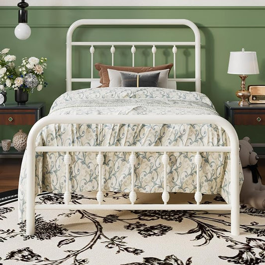 SHA CERLIN Twin Size Metal Platform Bed Frame with Victorian Style Iron-Art Headboard and Footboard, Easy Assembly, Under Bed Storage, No Box Spring Required, Off White