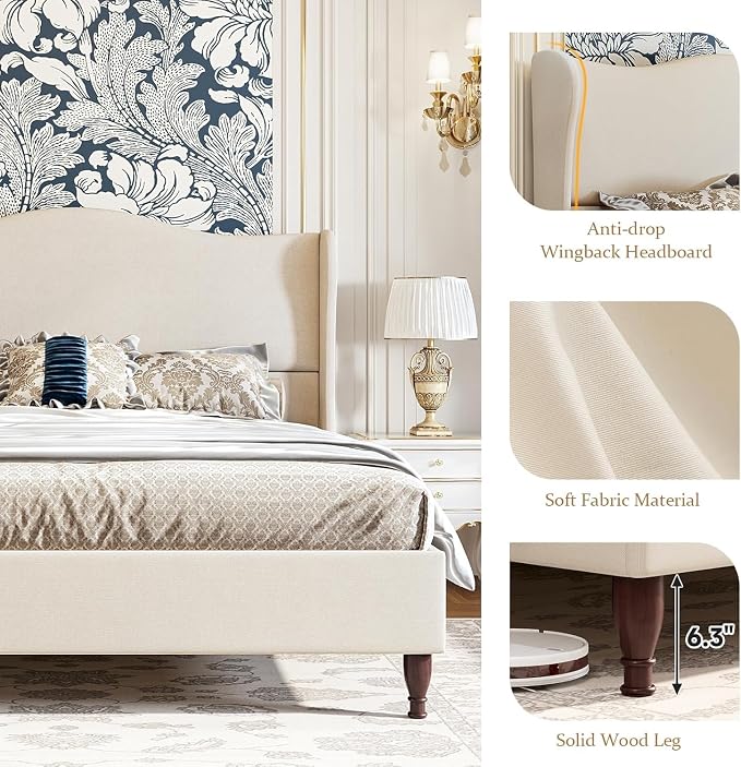 koorlian Full Size Bed Frame Upholstered Platform Bed with 51" Tall Headboard Wingback, Soft Fabric, Retro Simple Style Platform Bed No Box Spring Needed, Easy Assembly, Beige
