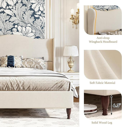 koorlian Queen Size Bed Frame Upholstered Platform Bed with 51" Tall Headboard Wingback, Soft Fabric, Retro Simple Style Platform Bed No Box Spring Needed, Easy Assembly, Beige