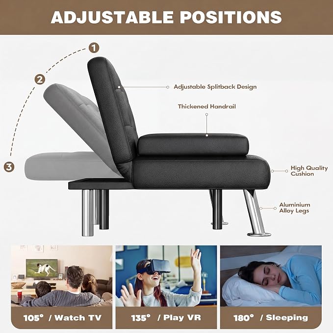 Homall Futon Sofa Bed, Leather Futon Couch with Removable Armrests, Adjustable Recliner Sleeper Sofa Bed with Dual Cup Holders for Living Room, Apartment, Office (Black)