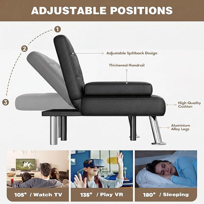 Homall Futon Sofa Bed, Leather Futon Couch with Removable Armrests, Adjustable Recliner Sleeper Sofa Bed with Dual Cup Holders for Living Room, Apartment, Office (Black)