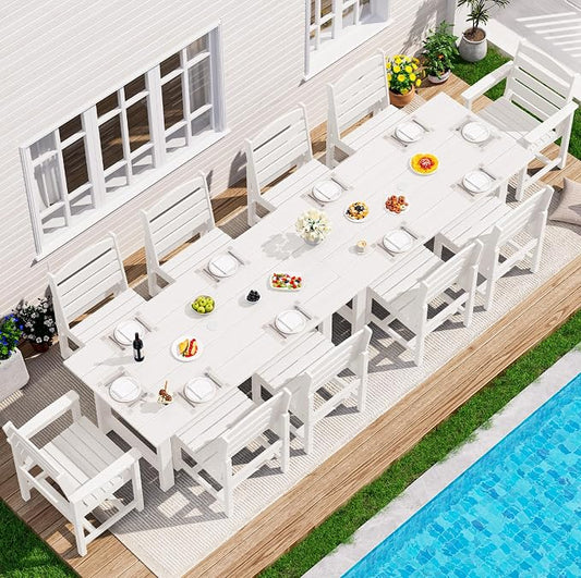 SERWALL Outdoor Dining Sets for 10 Person, HDPE Dining Set with 2 Tables, 8 Armless Chairs and 2 Armed Dining Chairs, White