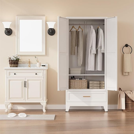 Metal Wardrobe Closet Cabinet with Drawers,71" H Large Bedroom Armoires with Shelves and Hanging Rod,Wardrobe Storage Cabinet with 2 Doors, 1 Adjustable Shelf and Drawers (1Drawer, White)