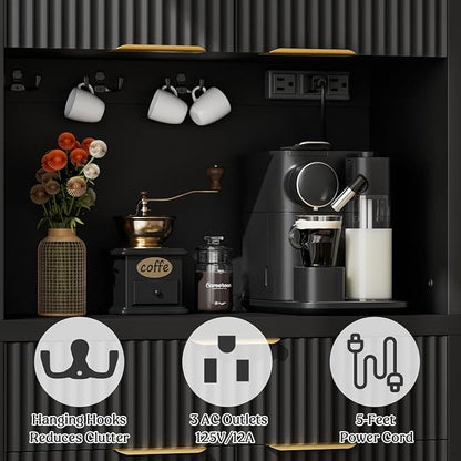 Lulive 71" Fluted Pantry Cabinet with Charging Station, Black | Adjustable Shelves, Open Countertop, Drawer, Spacious Kitchen Storage