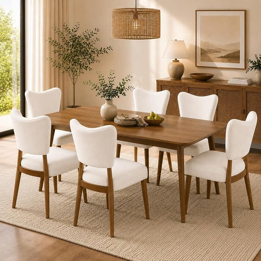 Dining Chairs Set of 6, Linen Upholstered, Solid Wood Legs, Cream | Mid Century Farmhouse, Cross-Brace Reinforced, Padded Cushion, Easy 15-Min Assembly, Kitchen Dining Room