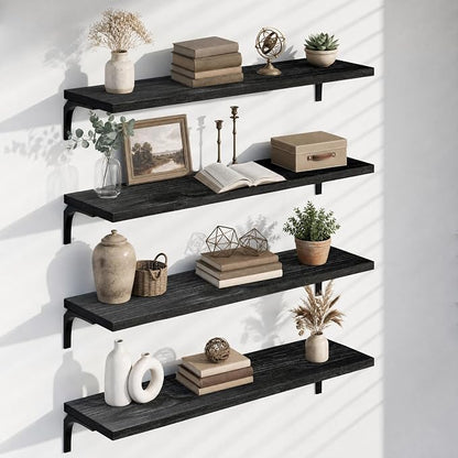 12 Inch Deep Floating Shelves Set of 4, 48 Inch Wide Black Solid Wood Wall Shelves, 4ft Heavy Duty Farmhouse Wall Mounted Shelving for Kitchen, Living Room & Bedroom