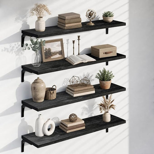 12 Inch Deep Floating Shelves Set of 4, 48 Inch Wide Black Solid Wood Wall Shelves, 4ft Heavy Duty Farmhouse Wall Mounted Shelving for Kitchen, Living Room & Bedroom