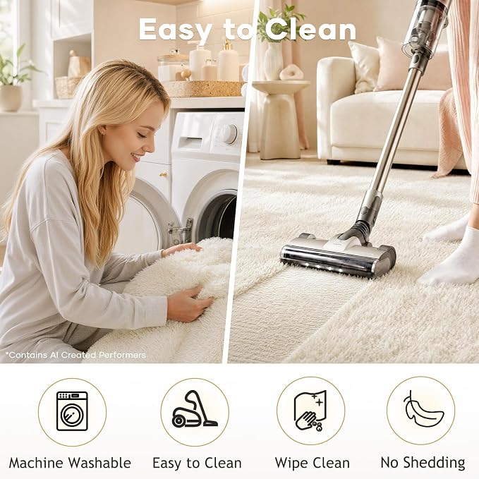 Ophanie Small Rug Washable Non Slip Throw Bedside Area Rugs, Fluffy Soft Mini Bedroom Carpet, 1.5x2.5，1.5x4 and 1.5x5 Rug Set, 3 Piece Ivory with Over 99 pcs Pile fibers
