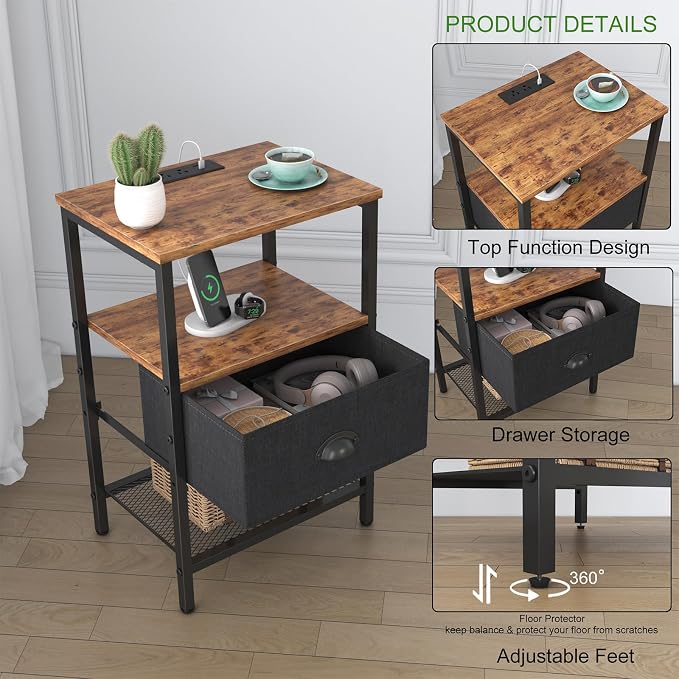 sthmec Nightstands Set of 2, LED Bedside Tables with Charging Station and Fabric Drawer, Night Stand with Storage, 3 Tier Side Table with Open Shelf, LED Nightstands with Charging Station,Rustic Brown