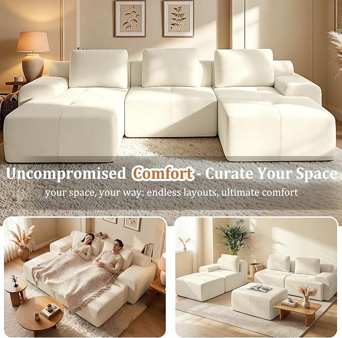 85" Oversized Boneless Couch, Comfort Cloud Sectional Couches for Living Room, Modular Sofa High Back & Extra Deep Seat, No Assembly, Soft Chenille Fabric (Warm White, 85 inch- Shaped（2+0）)