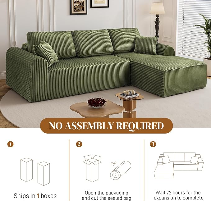 110" L Shaped Boneless Sectional Couches for Living Room, Comfy Corduroy Floor Cloud Sofa with Chaise, Wide Armrest, Deep Seat, Memory Foam, Assembly Free, Ideal for Small Spaces, Green