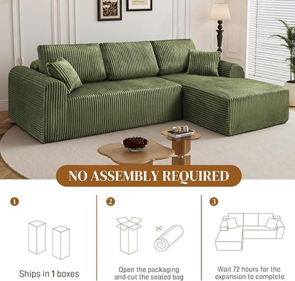 110" L Shaped Boneless Sectional Couches for Living Room, Comfy Corduroy Floor Cloud Sofa with Chaise, Wide Armrest, Deep Seat, Memory Foam, Assembly Free, Ideal for Small Spaces, Green