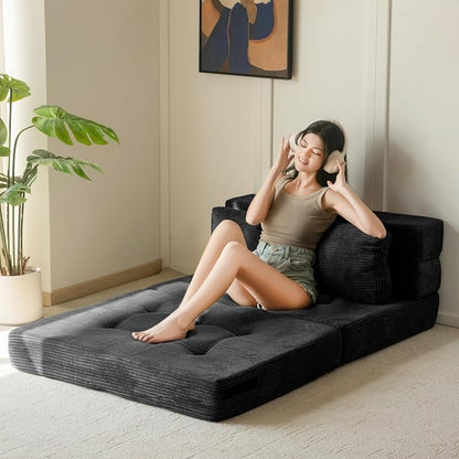 MAXYOYO Convertible Sofa Bed, Fold Out Loveseat Sofa Couch with Pillow, 4 in 1 Tufted Folding Couch Bed Foam Floor Couch, Lazy Chair for Living Room Bedroom Guest Room, Black