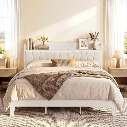 LIKIMIO King Bed Frames, PU Leather Storage Headboard with Charging Station, Solid and Stable, Noise Free, No Box Spring Needed, Easy Assembly, White