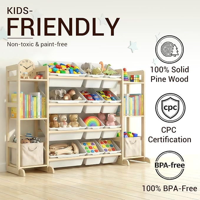 Kiddocood Kids Toy Storage Organizer with 12 Bins, 100% Solid Wood - Natural Finish Montessori Toy Organizer, BPA Free, CPC & TIC Certified Playroom Organization for Living Room & Nursery, 52.3"