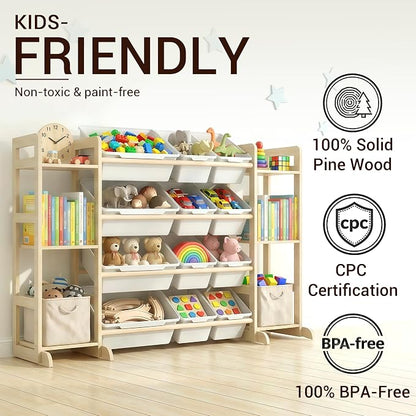 Kiddocood Kids Toy Storage Organizer with 12 Bins, 100% Solid Wood - Natural Finish Montessori Toy Organizer, BPA Free, CPC & TIC Certified Playroom Organization for Living Room & Nursery, 52.3"