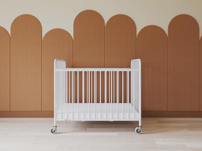 Foundations Stowaway Metal Baby & Toddler Folding Crib, Portable Baby Crib with Foam Mattress and Commercial Grade 3" Casters, Compact for Hotels, White