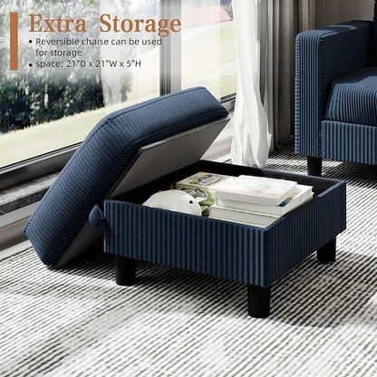 Shintenchi 76" Modern Upholstered Sectional Sofa, L-Shaped Couch with Storage Ottoman and Reversible Chaise for Living Room, Blue Linen Fabric