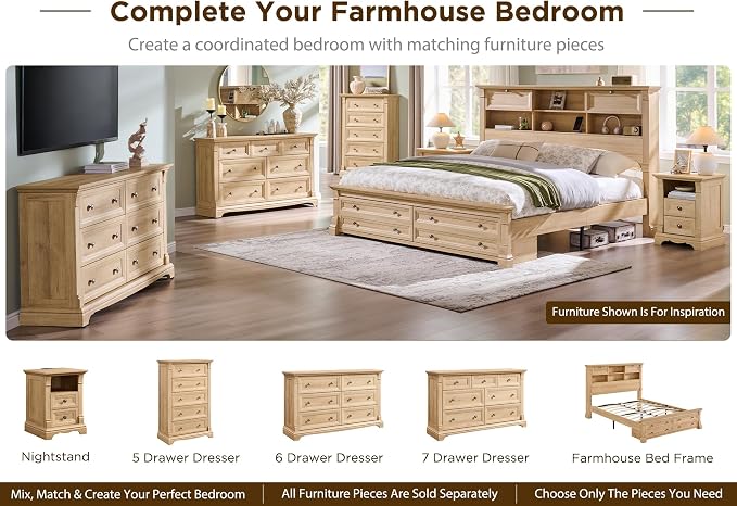 T4TREAM Farmhouse Queen Size Bed Frame with 54" Tall Storage Bookcase Headboard, 18" Roman Column Decoration Footboard,2 Drawer & 4 Storage Rack, Oak