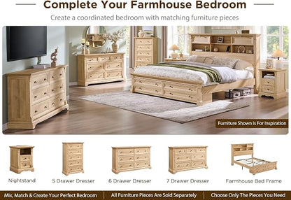 T4TREAM Farmhouse Queen Size Bed Frame with 54" Tall Storage Bookcase Headboard, 18" Roman Column Decoration Footboard,2 Drawer & 4 Storage Rack, Oak