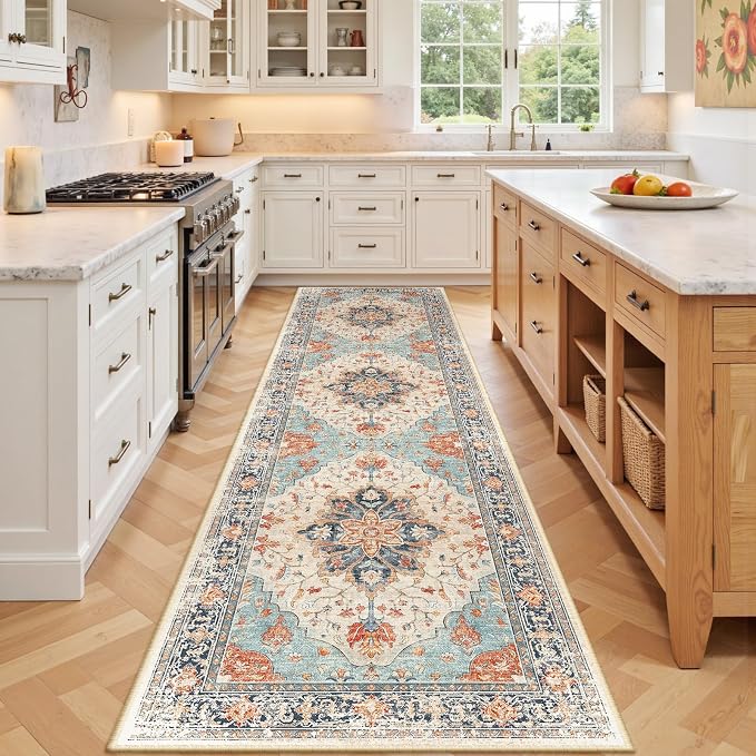 RELEANY Area Rugs Runner 2'x7' Washable Non-Slip, Floral Vintage Distress Medallion Carpet for Kitchen Hallway Bedroom Beside Laundry Room Bathroom, Beige Navy Blue Orange Colorful