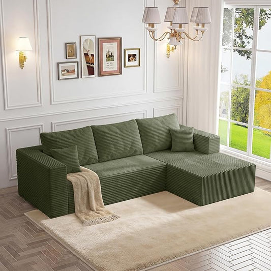 108" Modular Sectional Sofa, L-Shape Cloud Couch with Deep Seats & Chaise, 4-in-1 Covertible Corduroy Boneless Couches for Living Room, Bedroom, No Need Assembly - Green(Right Facing Chaise)