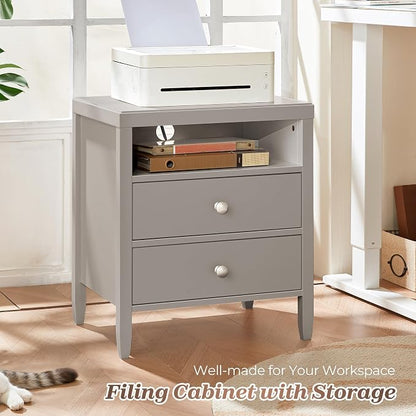 Huuger Grey Nightstand Set of 2, Night Stand with Charger Station, Bedside Table with 2 Drawers, Bed Side Tables for Bedroom, Modern Nightstands, Metal Knobs, Painted Surface