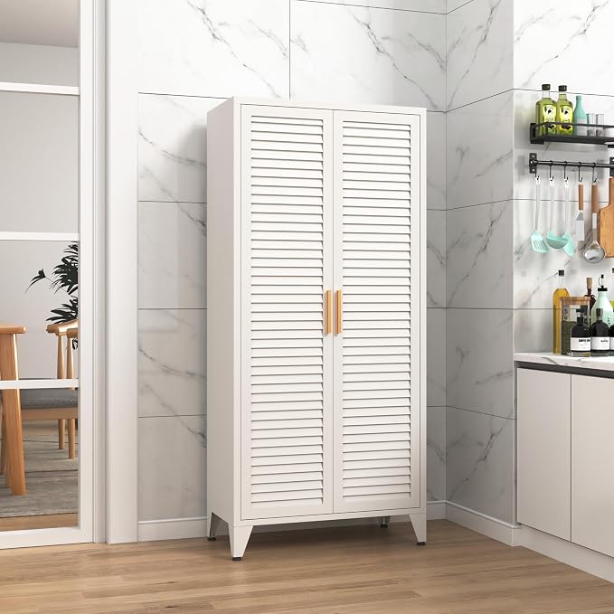 61 "H White Metal Cutlery Cabinet with Door Freestanding Kitchen Cabinet with 3 Adjustable Shelf Side Panels, Suitable for Kitchen, Living Room, Dining Room Metal Cabinet,Requires Assembly ﻿