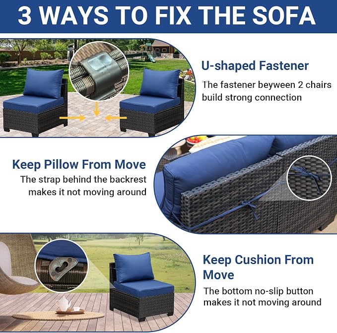 Jing's Villa 8-Piece Patio Furniture Set, All-Weather Outdoor Wicker Sectional Sofa with Cushions, Glass Table & Left and Right Armrest, Rattan Conversation Seating for Porch, Garden, Backyard,Navy