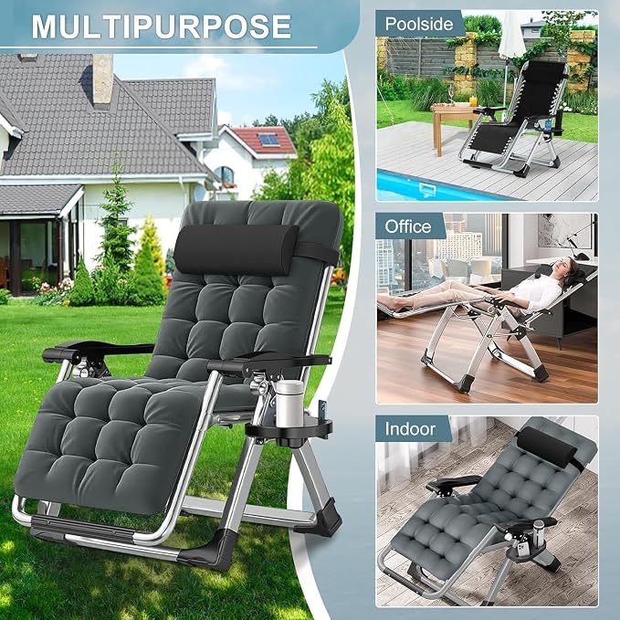 ABORON Zero Gravity Chair, Adjustable Outdoor Recliner with Removable Cushion, Headrest & Side Tray, Folding Lounge Chair for Patio, Lawn, Poolside & Camping
