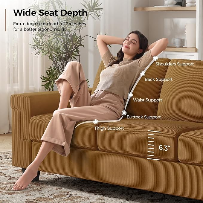 COPIAE 3 Seater Sofa Couch with Deep Seat, 90" Modern Upholstered Sofa with Armrests, Easy Installation, Comfy Couches for Living Room, Apartment,Ginger Yellow