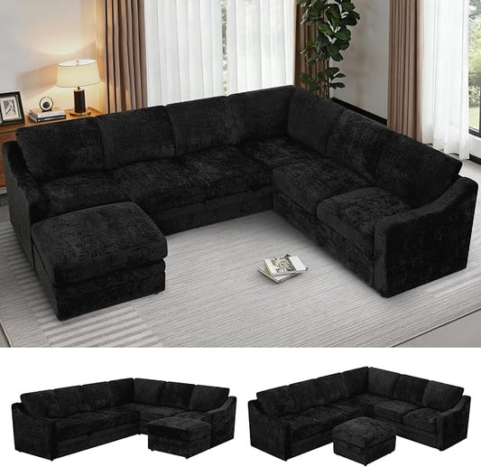 115 Inches Chenille Sectional Sofa with Storage Ottoman, Modern 7 Seats Corner Couch with Deep Seat, Comfy Modular U Shaped Couch with Comfortable Cushions for Living Room, Black