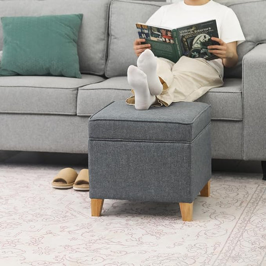 Adeco 17.5" Square Fabric Ottoman with Storage, Upholstered Cotton Linen Foot Rest, Flip Top Footstool, Small Cube Coffee Table Extra Seat for Living Room, Bedroom, Grey with Burlywood Legs