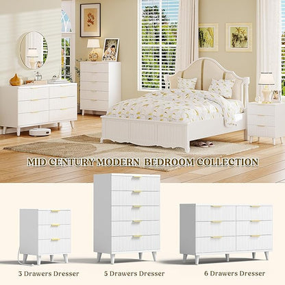 Lulive White Dresser for Bedroom Wood Tall Dressers Drawers, Fluted Modern Dresser 5 Drawers White