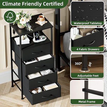 Somdot Black Nightstand with Charging Station and LED Light for Bedroom, Tall 4 Drawers Dresser with Fabric Bins for Bedside Kids Dorm Room Closet Laundry Entryway, Black
