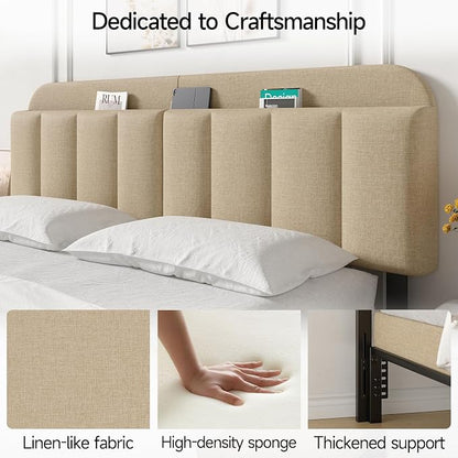 King Size Adjustable Headboard, Upholstered Headboard with Storage, APP Controlled LED Light, Padded Head Board Only, Sturdy Metal Foot Frame, Vertical Channel Design for Bedroom, Beige