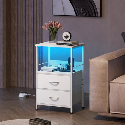 WLIVE White Night Stand with Charging Station, LED Nightstand with 2 Fabric Drawers and Storage Shelf, Dorm Bedside Table End Table with 2 USB Ports and Outlets, Small Dresser for Bedroom