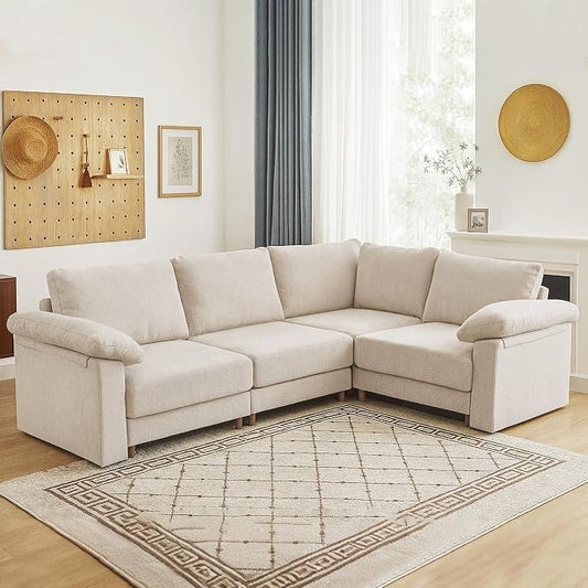Oversized Modular Cloud Couch with Removable Washable Cover, L -Shaped Sectional for Large Living Room, Plush Chenille & Deep Seat（Beige）