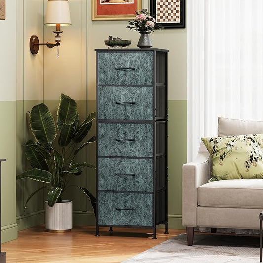 WLIVE Fabric Dresser, 5-Drawer Tall Dressers for Bedroom, Storage Dresser Organizer with Fabric Bins, Wood Top, Sturdy Steel Frame, Chest of Drawers for Closet, Hallway, Vintage Green