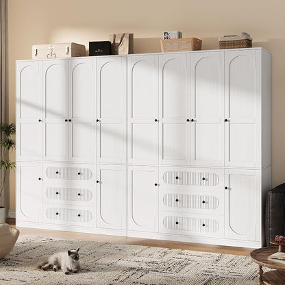 TOKSOM 4 Doors Freestanding Armoire Wardrobe Closet, 72" White Wardrobe Armoire Wooden Closet Large Capacity Storage with 3 Drawers & 3 Hanging Rod Shelves Clothes Organizer