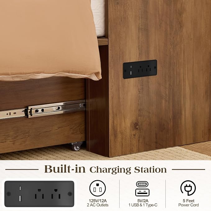 LUXOAK Twin Murphy Bed with 6" White Tri-Fold Memory Foam Mattress, Storage Drawer & Charging Station, Space-Saving Design for Home Office or Guest Room, Barnwood