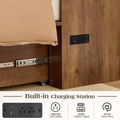 LUXOAK Twin Murphy Bed with 6" White Tri-Fold Memory Foam Mattress, Storage Drawer & Charging Station, Space-Saving Design for Home Office or Guest Room, Barnwood