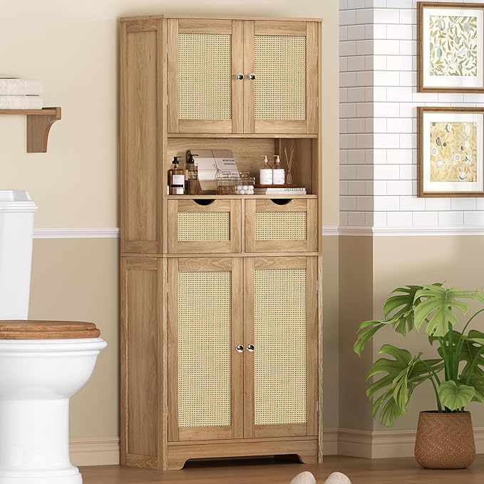 TEENFON 57.8" H Tall Storage Cabinet with 2 Drawers & 2 Adjustable Shelves, Rattan Cabinets with 4 Doors, Cupboard, Kitchen Cabinets, Pantry Cabinet, Tall Cabinet for Living Room, Entryway, Natural