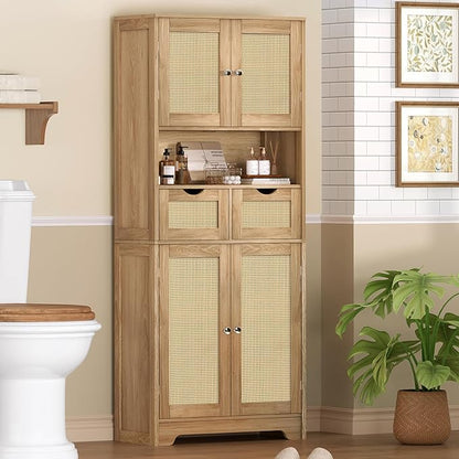 TEENFON 57.8" H Tall Storage Cabinet with 2 Drawers & 2 Adjustable Shelves, Rattan Cabinets with 4 Doors, Cupboard, Kitchen Cabinets, Pantry Cabinet, Tall Cabinet for Living Room, Entryway, Natural