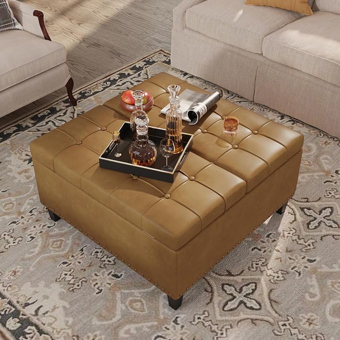 FiveWillowise Square Leather Ottoman with Storage, Faux Leather Coffee Table with Lift Top,Large Upholstered Footrest Stool Toy Box Storage Bench for Bedroom Living Room, Camel