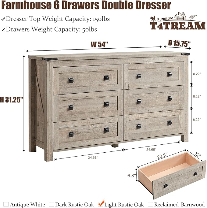 T4TREAM 54" Wide Farmhouse 6-Drawer Dresser for Bedroom, Light Rustic Oak | Rustic, Wood Storage Cabinet, Metal Handle, Unique Corner Accent, Bedroom, Living Room, Hallway