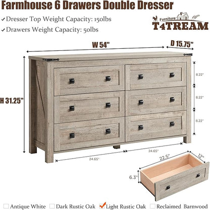 T4TREAM 54" Wide Farmhouse 6-Drawer Dresser for Bedroom, Light Rustic Oak | Rustic, Wood Storage Cabinet, Metal Handle, Unique Corner Accent, Bedroom, Living Room, Hallway